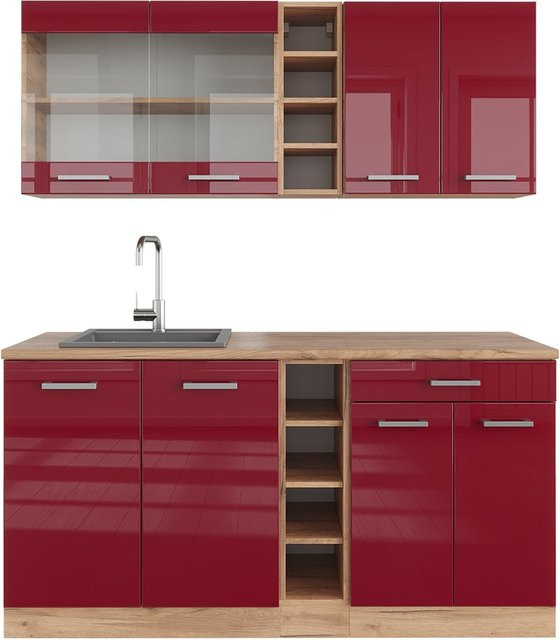 Vicco R-Line Single Küchenzeile Einbauküche in Eiche Bordeaux Hochglanz mit Goldakzenten, Breite: 160 cm - Bild 1