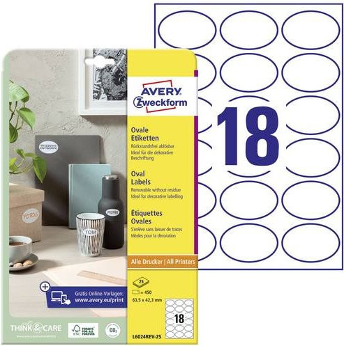 Avery Zweckform L6024REV-25 Universal-Etiketten, Weiß, Oval, Wiederablösbar, Papier, für Laserdrucker, 450 Stück, B: 63,5 mm x H: 42,3 mm - Bild 1