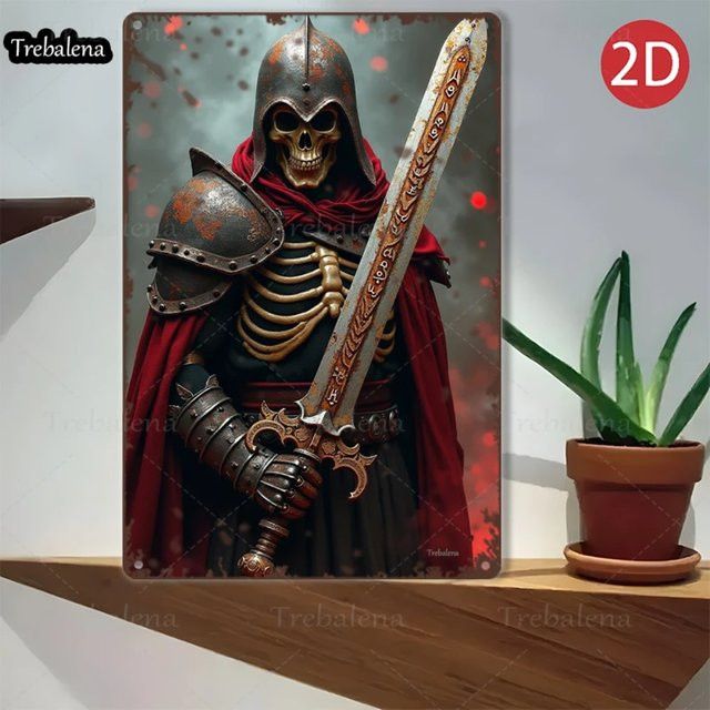 HELLOYOUNG Gothic-Ritter-Skelett Metallschild mit 2D-Flachschwert als mittelalterliche Wanddekoration, B: 20,3 cm, H: 30,5 cm - Bild 1