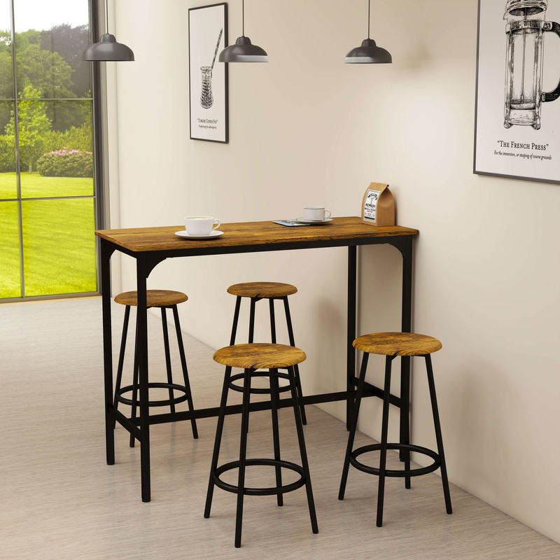 HOMCOM Bartisch Set 5-teilig im Industriedesign mit 4 Barhockern, Essgruppe für Küche und Bar, Braun - Bild 2