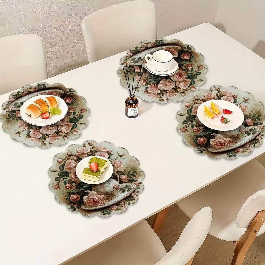 VIKAMA 4er-Set Platzsets mit Rosenblumen-Design in Rosa, rund, aus Leinen - Bild 3