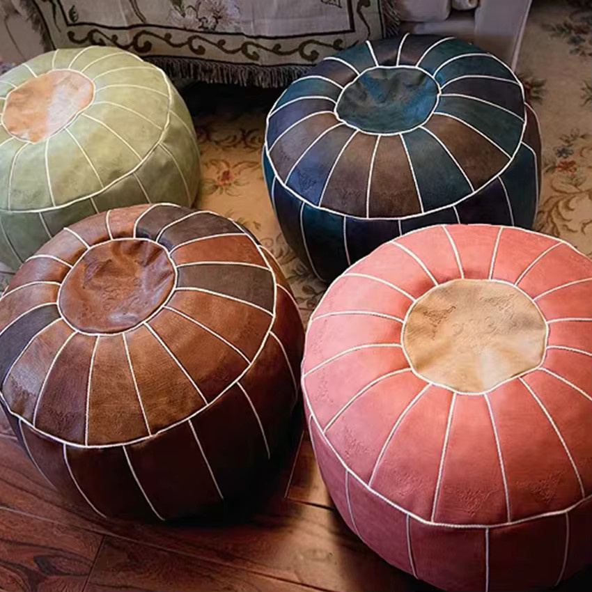 Runder Sitzkissenbezug im marokkanischen Patchwork-Design aus Kunstleder in Braun, ungefülltes Bodenkissen für Ottomane und Fußschemel - Bild 2