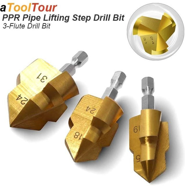 atooltour 3-Schneiden-PPR-Stufenbohrer in Gold für PVC-Wasserrohre zur Erweiterung und Reparatur von Rohrverbindungen, Winkelstücken und T-Stücken - Bild 1