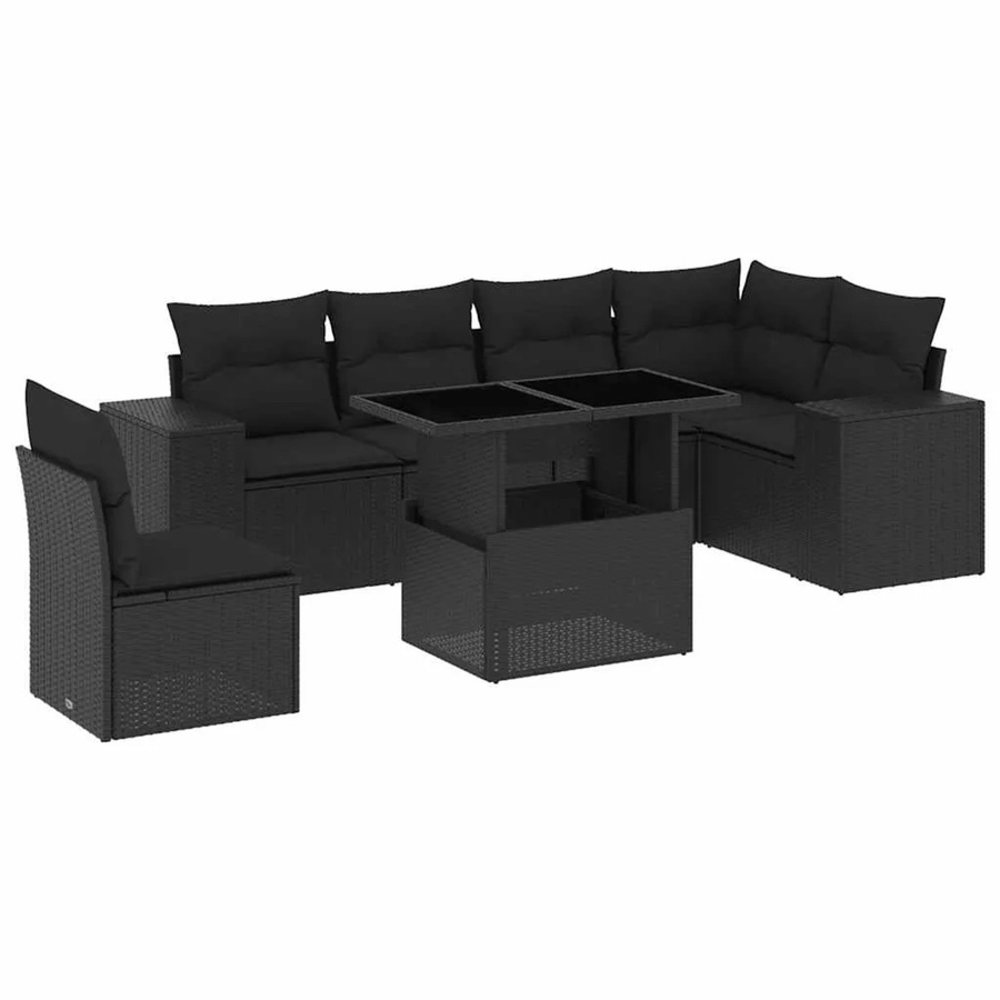 vidaXL 7-teilige Garten-Sofagarnitur in L-Form aus schwarzem Poly-Rattan mit Kissen und pulverbeschichtetem Stahlgestell - Bild 2