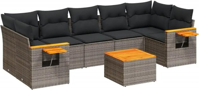 vidaXL 8-teilige Garten-Sofagarnitur in L-Form aus grauem Poly-Rattan mit Kissen und Akazienholz - Bild 1