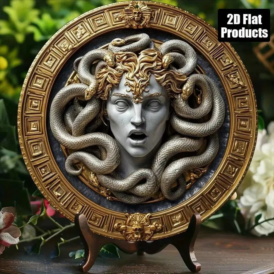 CIFbuy Medusa Vintage Wandkunst aus Aluminium in Gold, rundes Metallschild für die Heimdekoration, Durchmesser: 20,3 cm - Bild 3