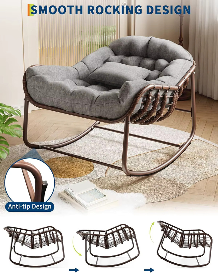 HiMISS Übergroßer Papasan Egg Schaukelstuhl aus Rattan mit Metallrahmen und Kissen in Grau - Bild 4