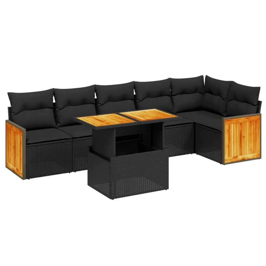 vidaXL 7-teilige Garten-Sofagarnitur in L-Form aus Poly-Rattan und Akazienholz mit Kissen in Schwarz - Bild 2