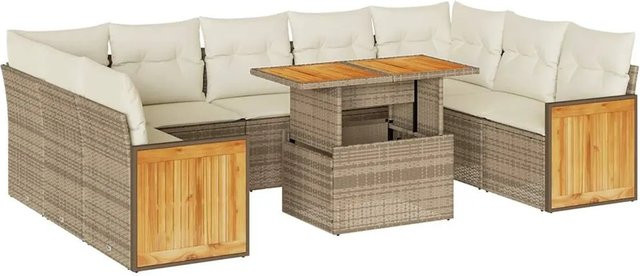 vidaXL 10-tlg. Garten-Sofagarnitur in L-Form aus Polyrattan und Akazie mit Kissen in Beige - Bild 1