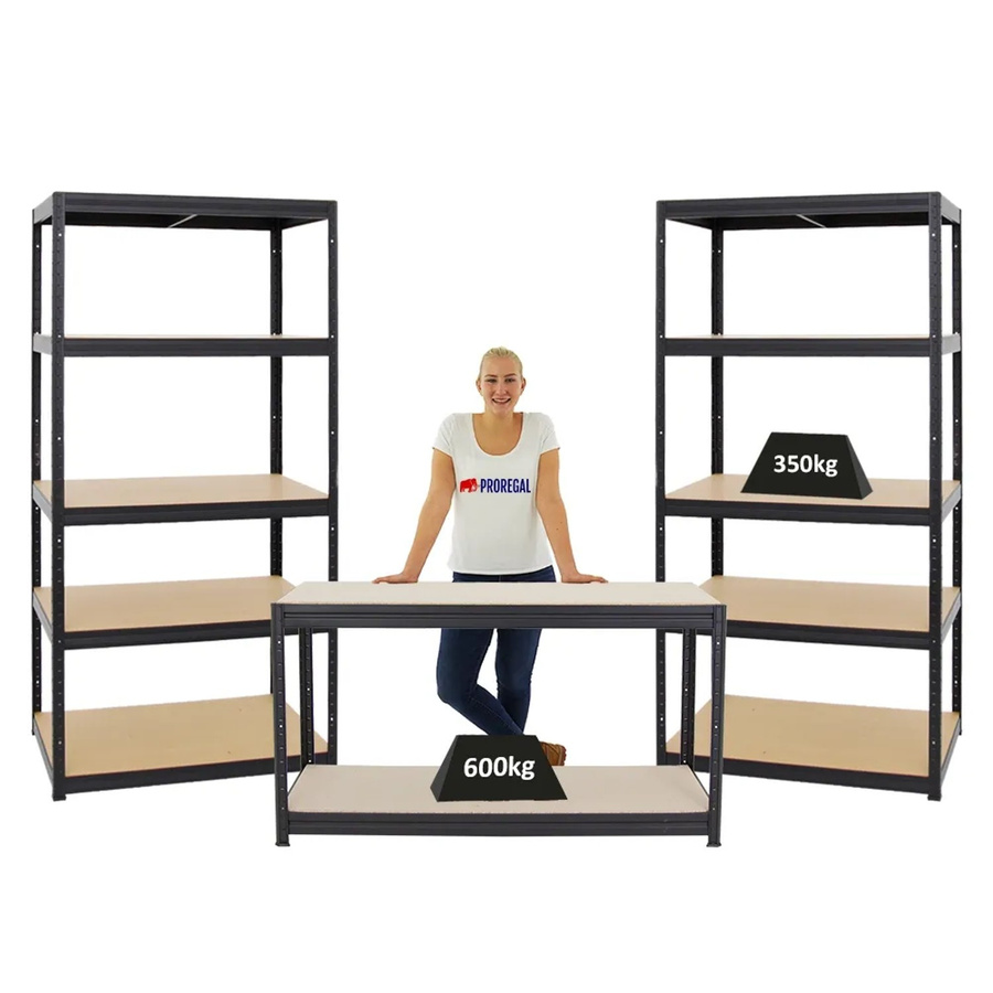 PROREGAL Set aus 2x Schwerlastregal Slim Elephant M und 1x höhenverstellbarer Werkbank Big Dino in Schwarz, H: 180 cm, B: 90 cm, T: 60 cm & H: 90 cm, B: 160 cm, T: 60 cm - Bild 2