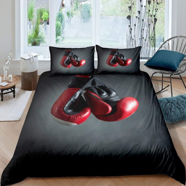 Bettwäsche Set mit Boxhandschuh Muster für Jungen und Männer, Fleckenabweisendes Microfaser Bettbezug und Kissenbezug in Schwarz, B/H: 135 x 100 cm - Bild 1