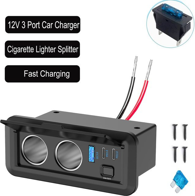 Kebidumei 12V Autoladegerät mit QC3.0 und Dual PD3.0 Steckdosen in Schwarz für Wohnmobil, Marine, LKW, ATV und UTV - Bild 1