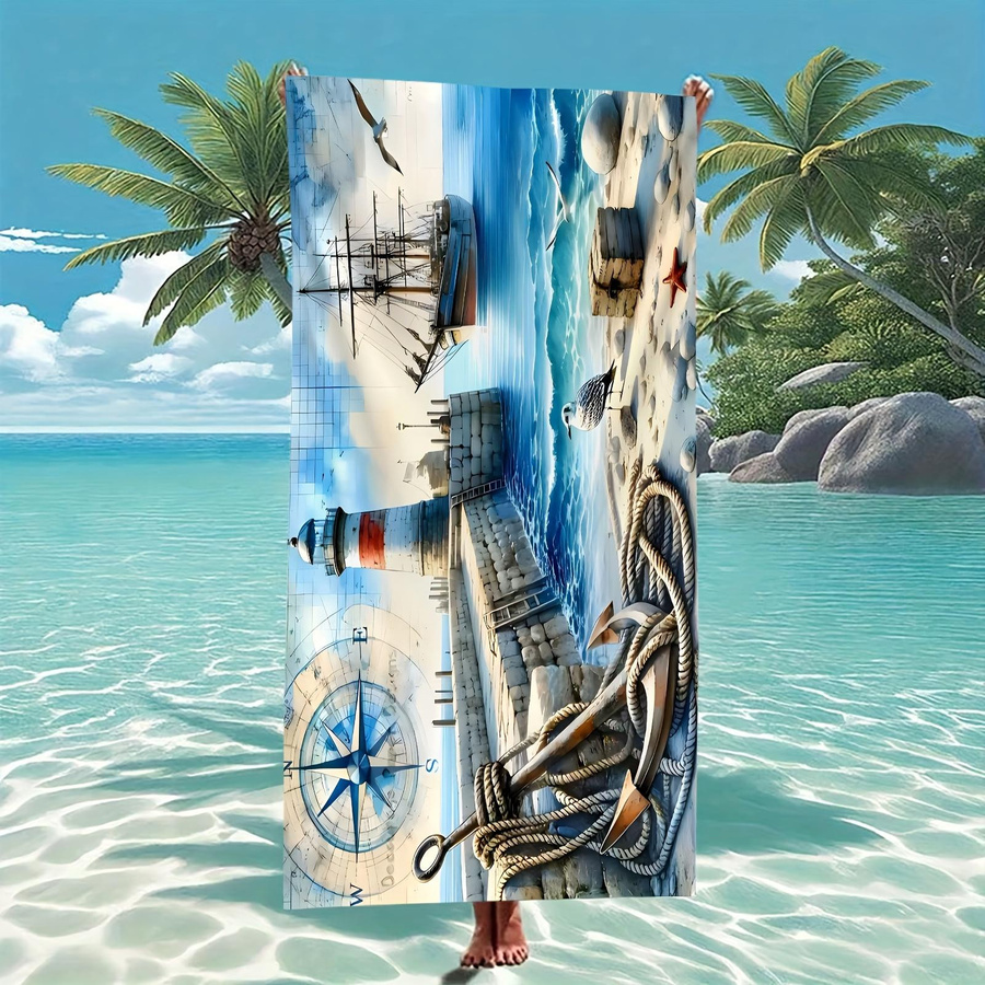 Ka Chen Muxi Sportliches Strandtuch mit Küstenlandschaft Leuchtturm & Möwe Aufdruck, Weiß/Mehrfarbig, B: 30 cm, H: 60 cm - Bild 3