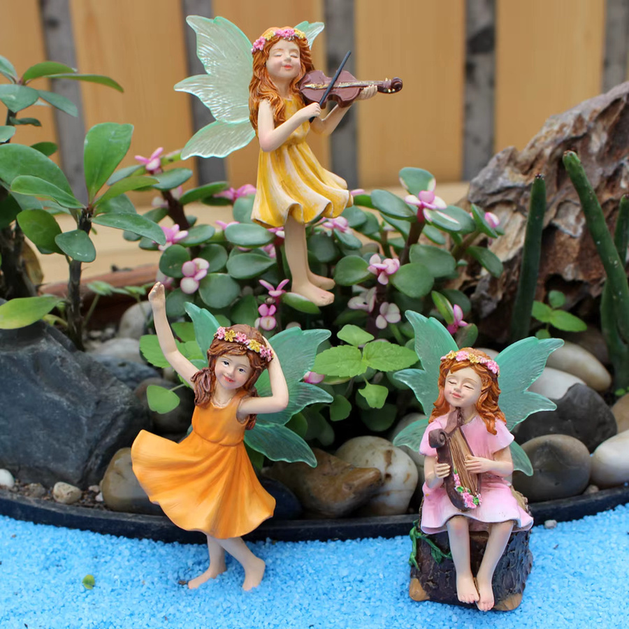 3er-Set Musik spielende Blumenfee Gartenfiguren aus Keramik und Harz in Multicolour zur Dekoration von Sukkulenten und Gartenlandschaften - Bild 4