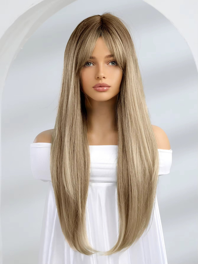 EASIHAIR Perücke, lange blonde braune Ombre-Perücke mit Pony, hitzebeständiges Kunsthaar, glatt, Damen - Bild 2
