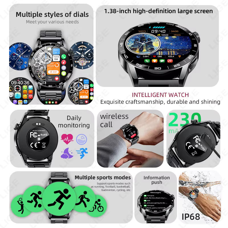 LIGE Smartwatch für Damen und Herren in Schwarz mit HD-Bildschirm, Herzfrequenzmessung, Bluetooth-Anruffunktion und Wasserdichtigkeit - Bild 5