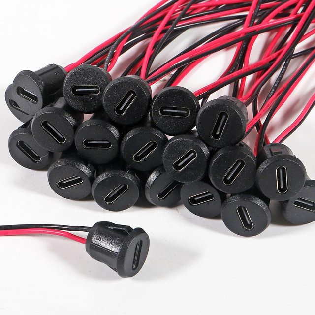 20 Stück USB-C Weibliche Chassis 2 Pin Direkt Crimp Ladeport Stecker in Schwarz - Bild 1