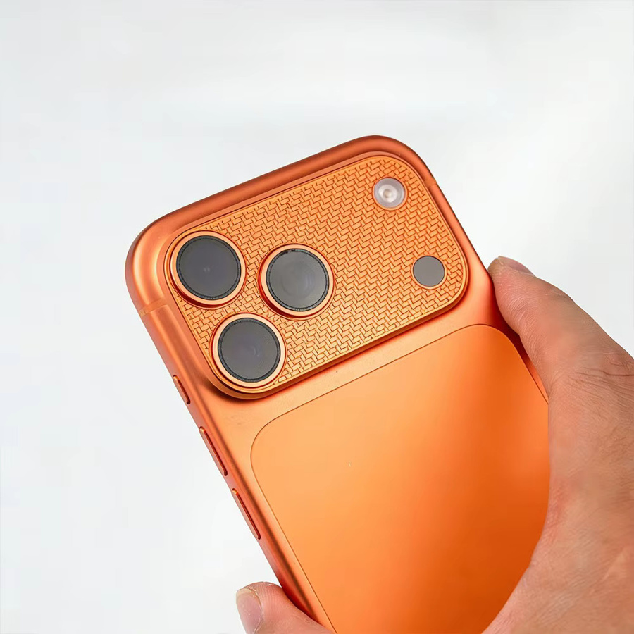 Kameraobjektivschutz für Apple iPhone 17 Pro Max Metallgitterfolie mit Vollschutz-Ring in Weiß und Orange - Bild 3