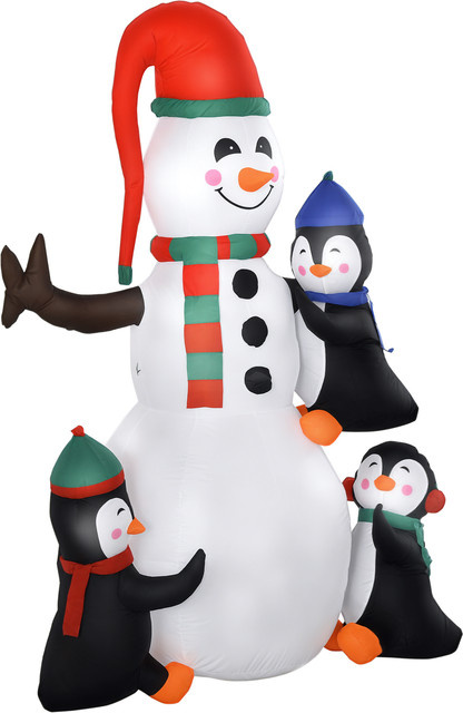 HOMCOM Aufblasbarer Weihnachts-Schneemann mit 3 Pinguinen und LED-Beleuchtung, Weiß-Rot-Schwarz, B/T/H: 140 x 70 x 180 cm - Bild 1