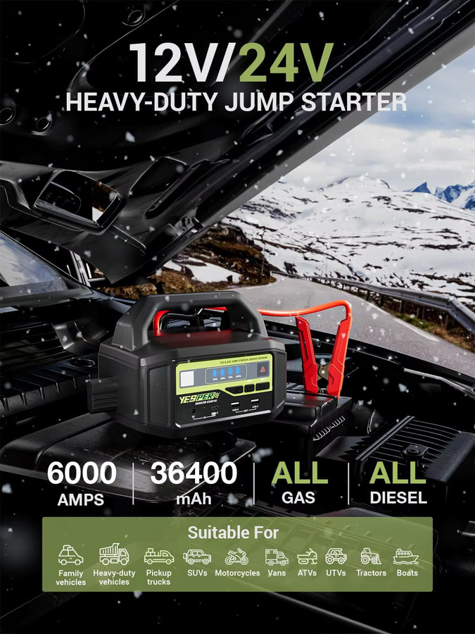 YESPER Starthilfegerät 12V/24V mit 6000A und 36400mAh Powerstation, Schwarz, für Benzin- und Dieselmotoren von Autos bis Booten, inklusive 3-Modus-LED - Bild 2