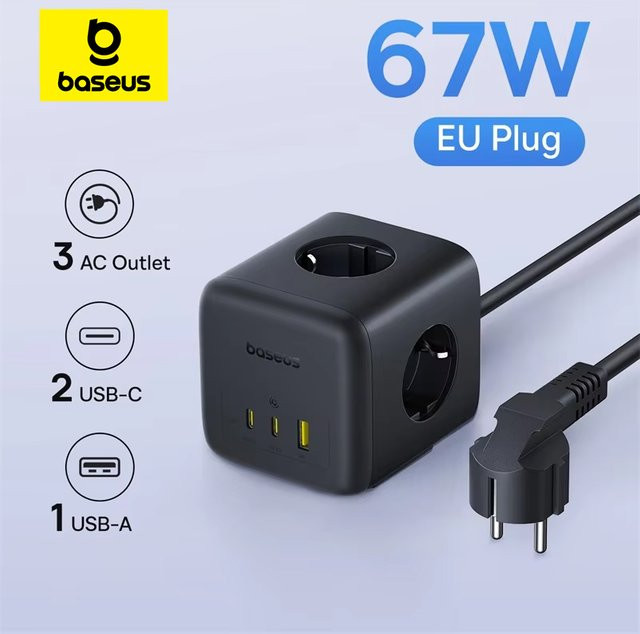Baseus EnerFill FA11 Desktop-Ladestation mit 3 Schuko-Steckdosen, 1 USB-A und 2 USB-C in Schwarz - Bild 2