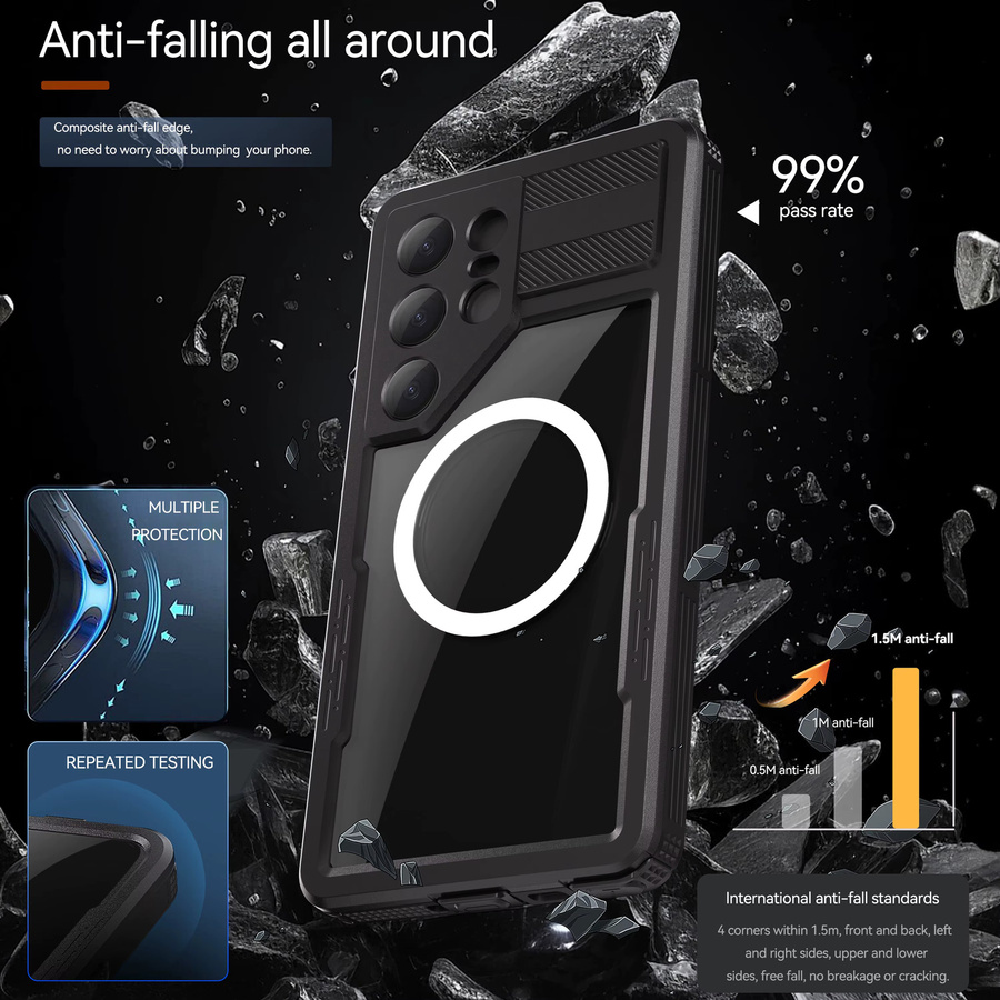 Wasserdichte IP68 Handyhülle mit Magnetschlüsselband für Samsung Galaxy S25 Ultra und S24 in Schwarz - Bild 4