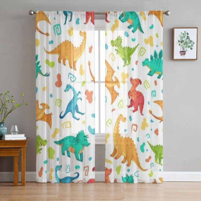 Super Six Transparente Tüll Vorhänge mit Cartoon Dinosaurier Muster in Weiß, B: 135 cm, H: 114 cm - Bild 1