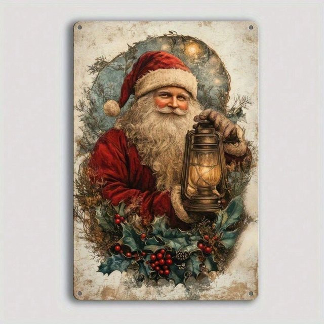 CIFBUY Vintage Weihnachtsmann Metallblechschild mit Laterne als rustikale Weihnachtsdekoration, Mehrfarbig, Rechteckig, Breite: 30,0 cm, Höhe: 20,0 cm - Bild 1