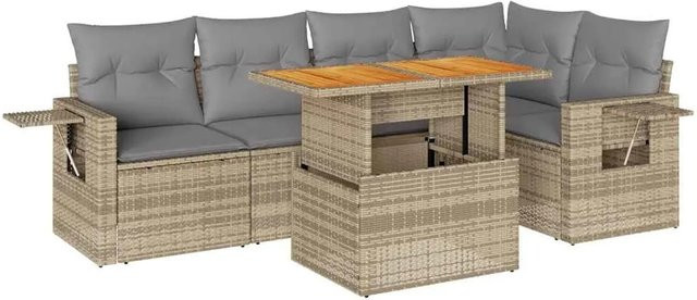 vidaXL 6-teilige Garten-Sofagarnitur in L-Form aus Poly-Rattan und Akazienholz mit Kissen in Beige und Hellgrau - Bild 1