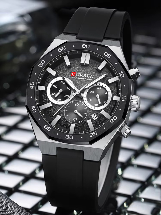 CURREN Chronograph Armbanduhr, Quarz, Silikon, Schwarz, Herren - Bild 6