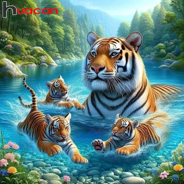 Huacan 5D DIY Diamantmalerei Tiger im Wald als Mosaik-Set mit quadratischen Steinen in Mehrfarbig - Bild 1