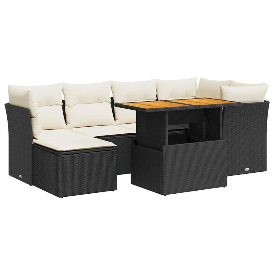 vidaXL 7-teilige Garten-Sofagarnitur aus Poly-Rattan und Akazienholz in Schwarz-Creme mit Kissen - Bild 2