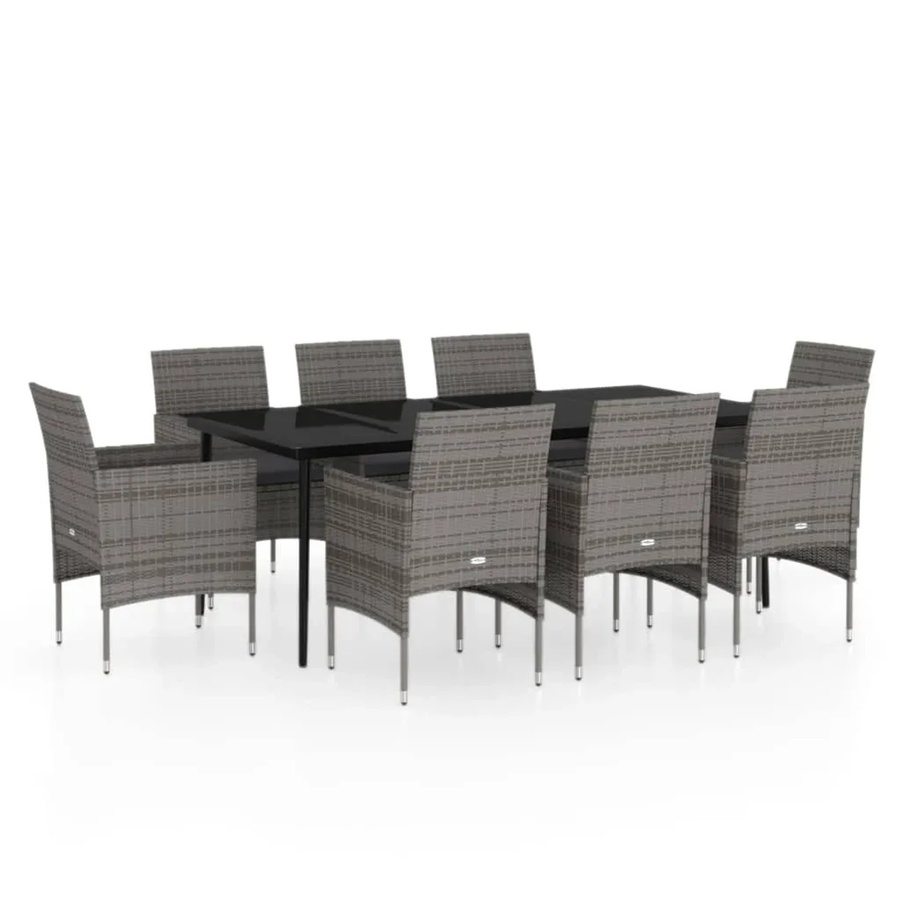 vidaXL 9-teilige Garten-Essgruppe aus PE-Rattan und pulverbeschichtetem Stahl in Grau und Schwarz mit Glasplatte - Bild 2