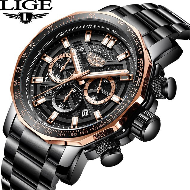 LIGE Armbanduhr Edelstahl, Quarz, Schwarz, Silber, Herren - Bild 1