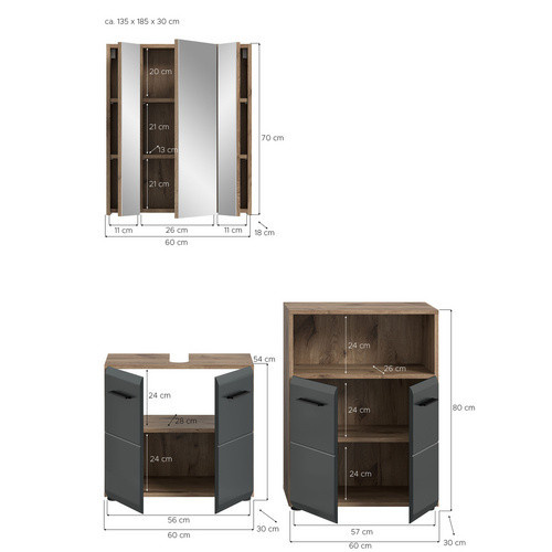 3-teiliges Badezimmer-Set xonox.home Ice Nox Oak in Schwarz Matt, B/H/T: 135 x 185 x 30 cm - Bild 3