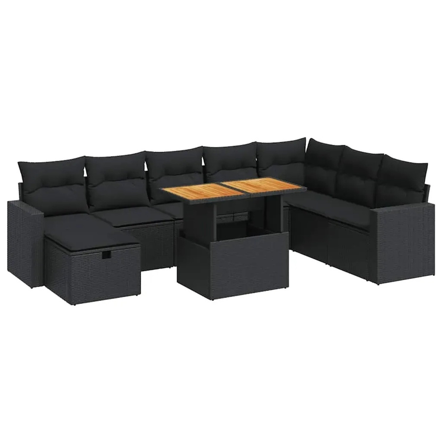 vidaXL 9-tlg. Garten-Sofagarnitur in L-Form aus schwarzem Poly-Rattan mit Kissen und pulverbeschichtetem Stahlgestell - Bild 2