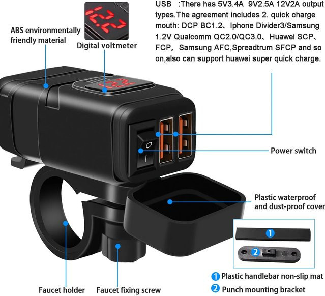 Universal 12V Motorrad USB Ladegerät mit USB-A und USB-C Schnellladefunktion, Digitales Netzteil für Motorrad Zubehör in Schwarz und Blau - Bild 1