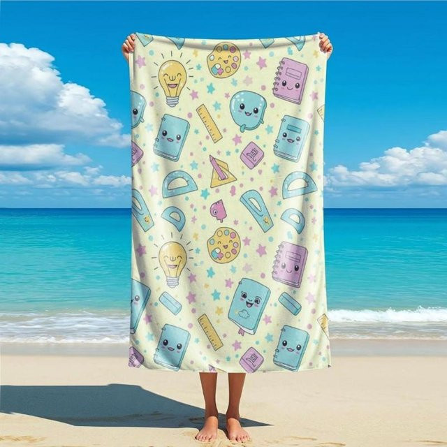 Cartoon Retro Strandtuch von JMG Household Supplies mit handgezeichnetem Kamera Kaffeetasse und Spielkonsole Aufdruck, schnelltrocknendes Mikrofaser Reisehandtuch, B: 100 cm, H: 50 cm - Bild 1