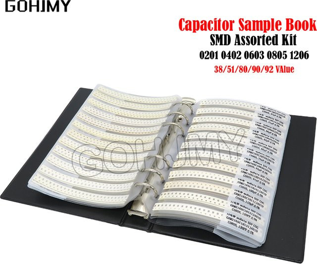 GOHJYM SMD Kondensator Sortier-Kit im Musterbuch mit verschiedenen Werten wie 10uf, 1nf, 100pf und 10nf für Bauformen 0201, 0402, 0603, 0805 und 1206 - Bild 1