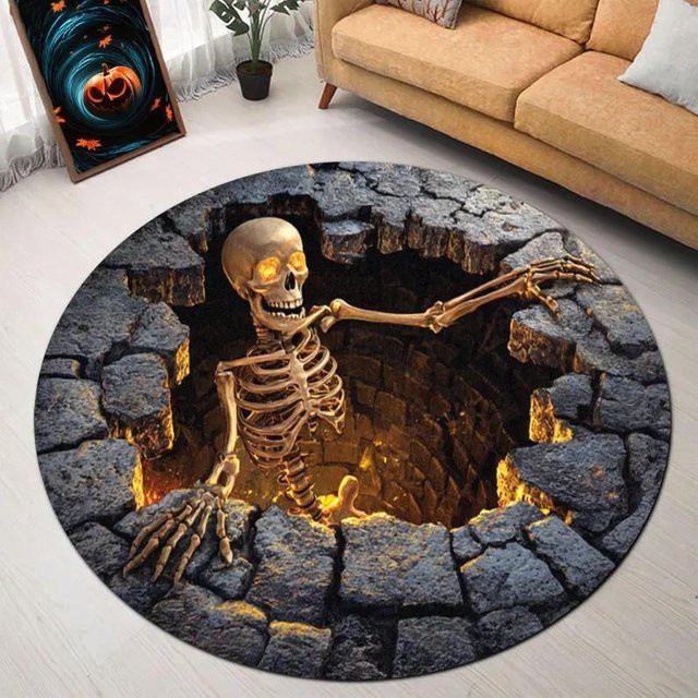 Runder Skelett Illusion Teppich in Schwarz, Motiv Horror Optik, Durchmesser: 120 cm - Bild 1