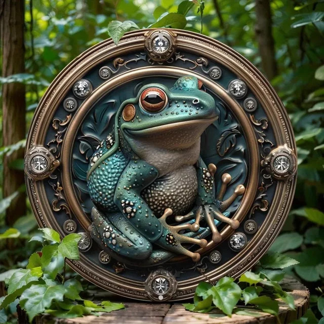 Potdemiel Wandkunst aus Metall mit Froschmotiv im Art-Deco-Stil, rundes Aluminiumschild, Mehrfarbig, Durchmesser: 20 cm - Bild 1