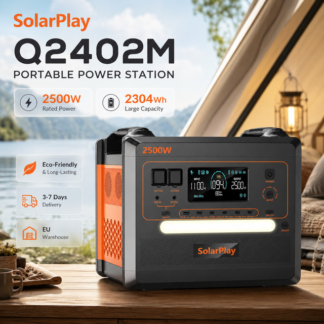 Tragbare Powerstation SolarPlay Q2402M in Schwarz mit 2500W, 2304Wh und LiFePO4 Akku für Camping, Wohnmobil und Notstromversorgung - Bild 1