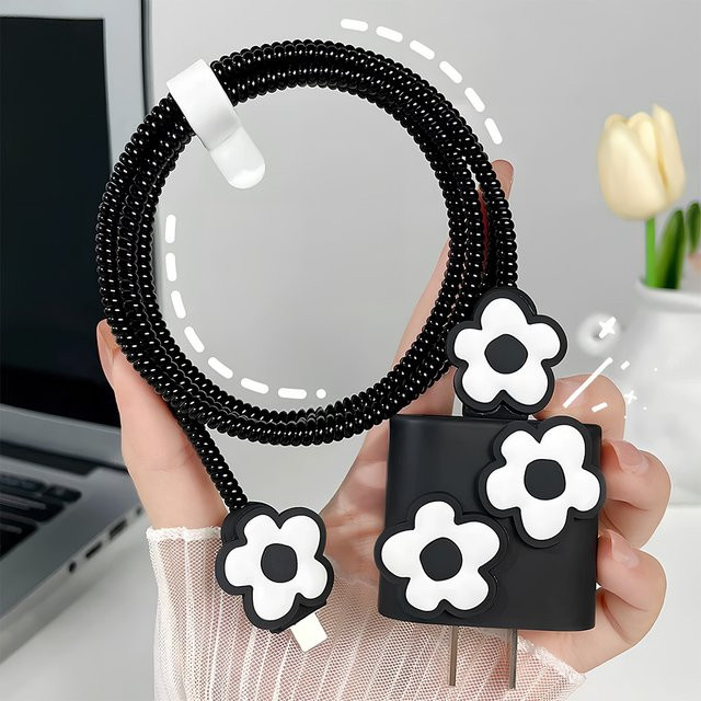 Schutzhülle mit schwarz-weißem Blumenmuster für Apple iPhone Ladegeräte - Bild 1