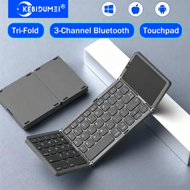 KEBIDUMEI Dreifach faltbare Bluetooth-Tastatur mit Touchpad, 3-Kanal-Multi-Device-Mini-Tastatur für iOS, Android und Windows, Schwarz - Bild 1