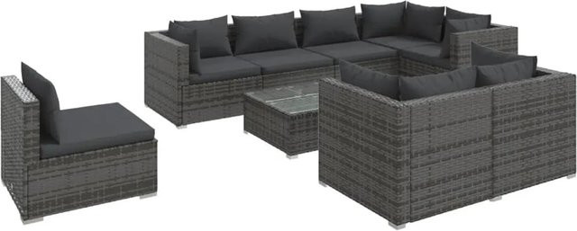 vidaXL 9-tlg. Garten-Lounge-Set aus Poly-Rattan in Grau-Anthrazit mit Polsterkissen und Glastisch - Bild 1