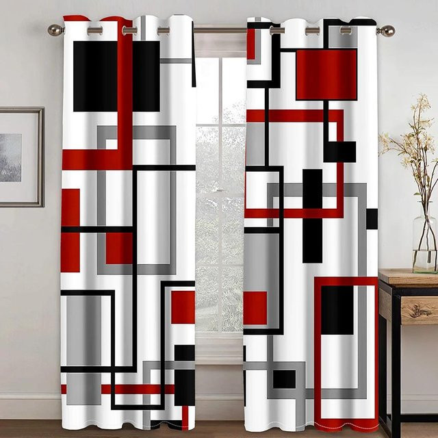Yiran Furniture Vorhänge mit abstraktem geometrischem Design in Rot und Weiß, 2er-Set, halbtransparent, Breite: 65 cm, Höhe: 60 cm - Bild 1