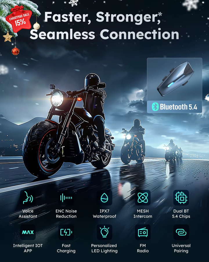 ASMAX Blue S1 Motorrad-Gegensprechanlage mit Mesh-Gruppenkommunikation und Sprachsteuerung, Bluetooth-Headset für Helm, Schneemobil, Ski und ATV, Farbe: Blau/Schwarz - Bild 2