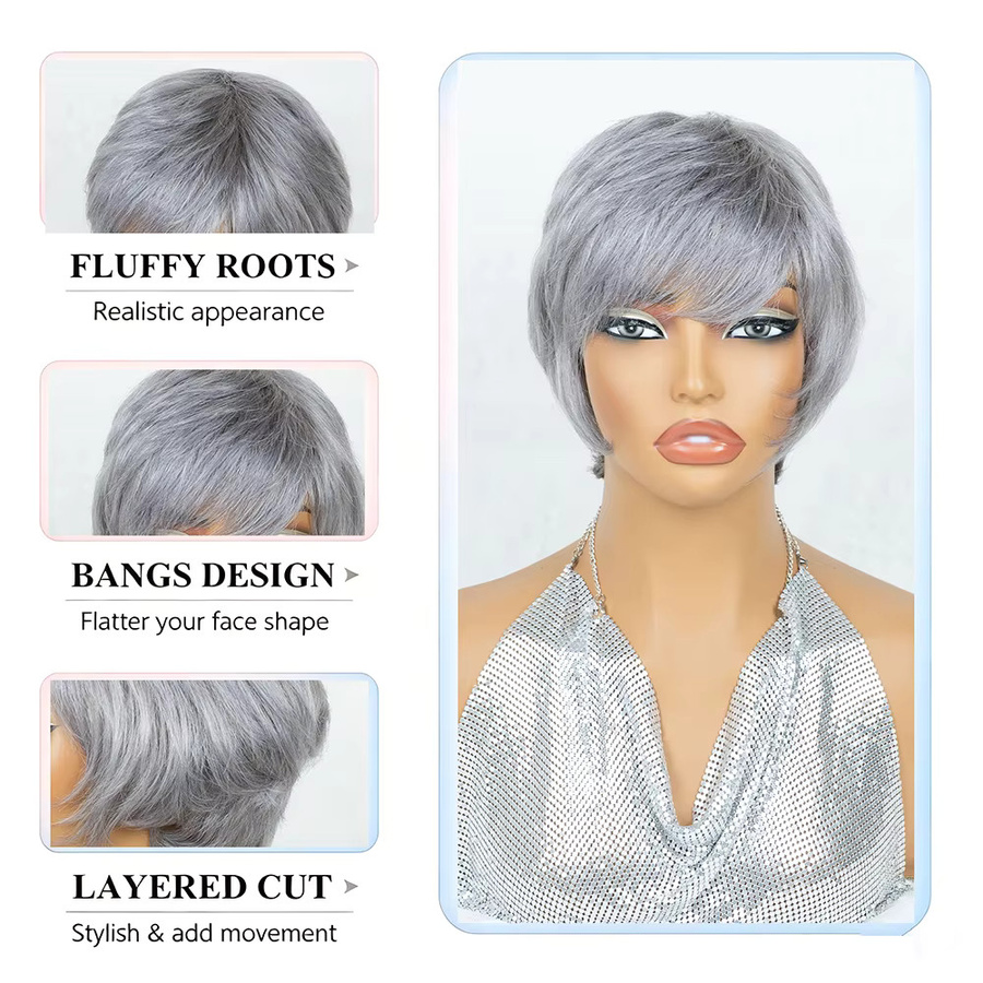 OYM HAIR Echthaar-Kurzhaarperücke Pixie-Cut, Aschgrau, Damen - Bild 3