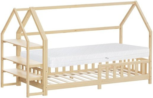 ML-Design Kinderbett im Hausdesign aus Kiefernholz mit Matratze und Regal, Beige, B/T/H: 90 x 200 x 140 cm - Bild 1