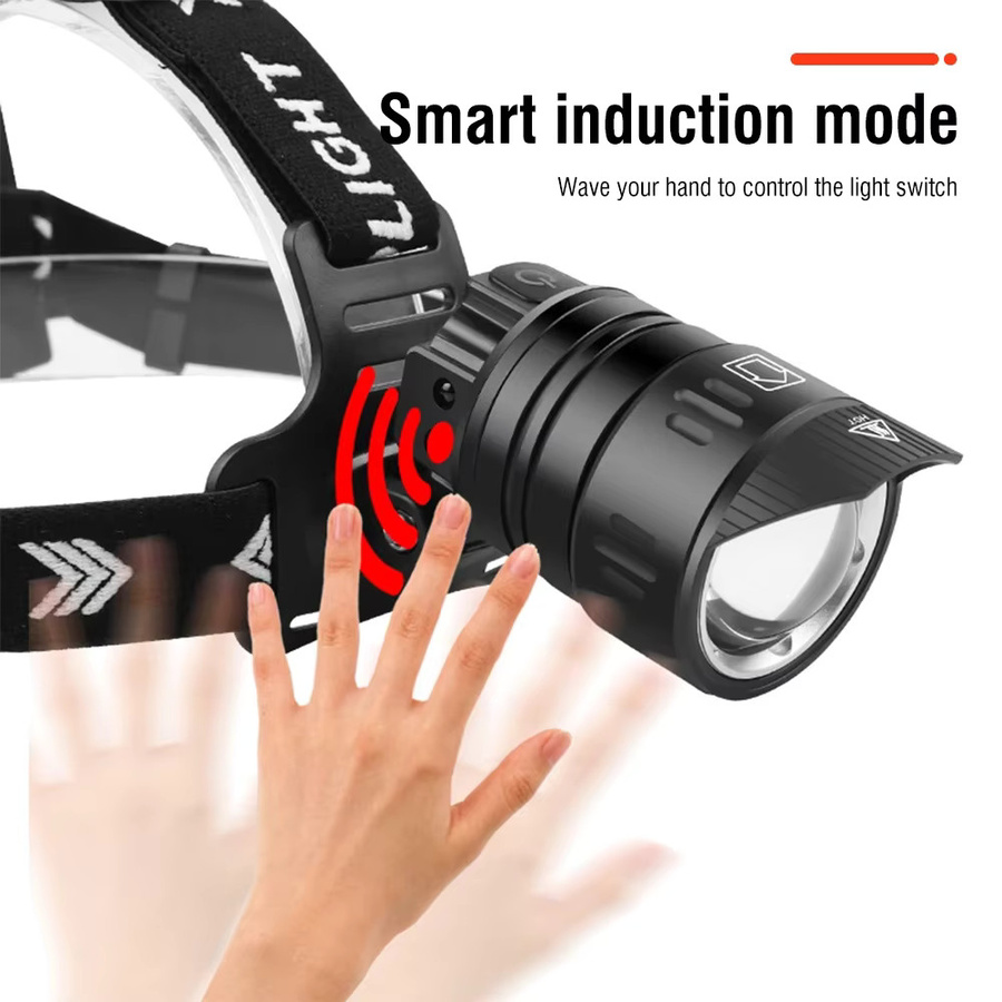 BORUiT LED-Stirnlampe mit 3000 Lumen und Bewegungsmelder, zoombar, wiederaufladbar via Typ C, wasserdichte Camping-Stirnlampe in Schwarz - Bild 2